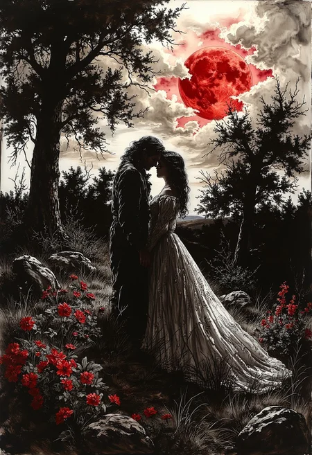 a man and a woman standing lovinglybin a flowery field of grass. Old leaf filled trees stand in de background. A red rising moon shines high in the sky. there is a white heart in the middle of the moon. Light clouds cover part of the sky. There is a slight bit of rain and a rainbow