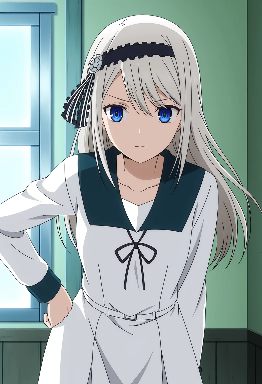 <lora:Shirogane Kei_illustrious-000010:1>,
Shirogane Kei, solo, school uniform, hairband, dress, hand on own hip, ribbon, white dress, long sleeves, black ribbon, black hairband, collarbone, anime screencap