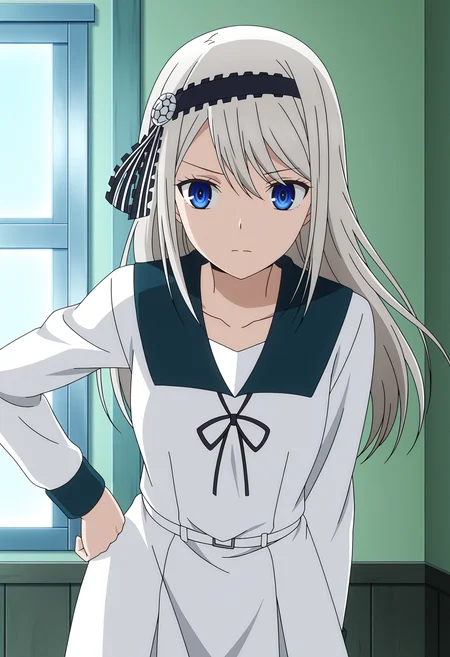 <lora:Shirogane Kei_illustrious-000010:1>,
Shirogane Kei, solo, school uniform, hairband, dress, hand on own hip, ribbon, white dress, long sleeves, black ribbon, black hairband, collarbone, anime screencap