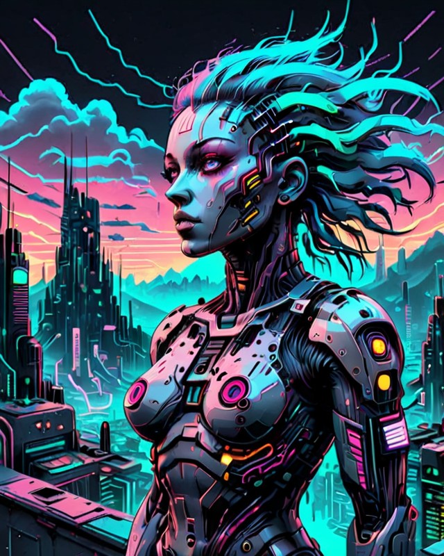 female cyborg|cyberpunk cityscape| 80's inspired| synthwave| vaporwave|retro futurism|neon| double exposure, vapor wave background, circuit board, dark futuristic, (masterpiece:1.2), best quality, high resolution textures
 OverallDetail-SDXL SkinHairDetail-SDXL SkinDetail-SDXL EyeDetail-SDXL <lora:CircuitryTechXL-000008:0.7>circuitrytech