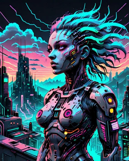 female cyborg|cyberpunk cityscape| 80's inspired| synthwave| vaporwave|retro futurism|neon| double exposure, vapor wave background, circuit board, dark futuristic, (masterpiece:1.2), best quality, high resolution textures
OverallDetail-SDXL SkinHairDetail-SDXL SkinDetail-SDXL EyeDetail-SDXL <lora:CircuitryTechXL-000008:0.7>circuitrytech