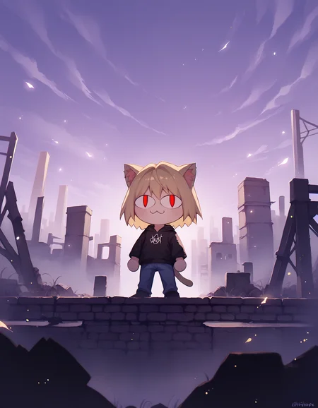 score_9, score_8_up, score_7_up BREAK necoarc, blonde hair, red eyes, slit pupils, cat ears, :3, chibi, torn clothes, hoodie, coat, jeans, purple sky, fog, glowing, light particles, post-apocalypse, city, ruins <lora:necoarc-guy-PONYv1_1:1>