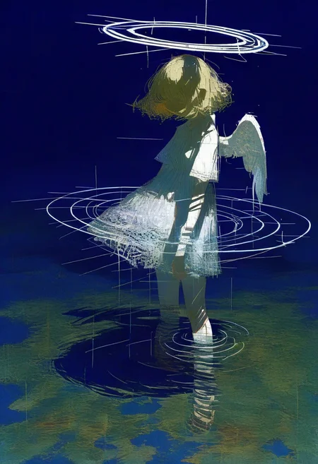 1girl, solo, halo, short sleeves, water, ripples, short hair, dress, standing, wading, blonde hair, white dress, shirt, reflection <lora:748cmXL_NBVP1_lokr_V6311PZ:0.95>
