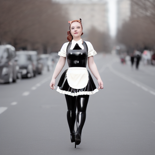 Latex maid,  walking in a city.