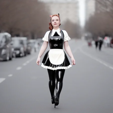 Latex maid, walking in a city.