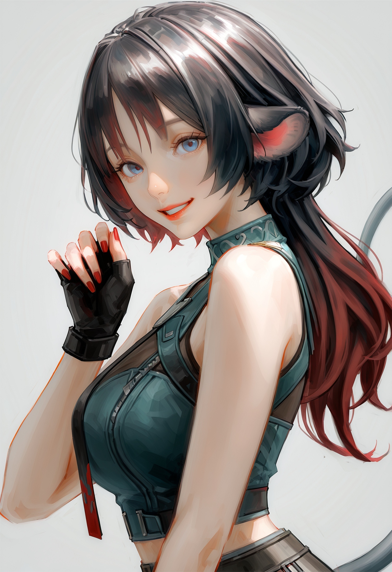 realistic textured painterly, (by lch:1.3),
safe general,  nose lips,
jane doe \(zenless zone zero\), 1girl, animal ears, bare shoulders, black gloves, black hair, blue eyes, breasts, fingerless gloves, from side, gloves, gradient hair, grey background, grin, hand up, large breasts, long hair, looking at viewer, mouse ears, mouse girl, multicolored hair, parted lips, red hair, red nails, shirt, sleeveless, sleeveless shirt, smile, solo, tail, two-tone hair, upper body, 
very awa, best quality, highres, masterpiece,
<lora:nhl-002-19-nai-new:1.0> nhl-002,