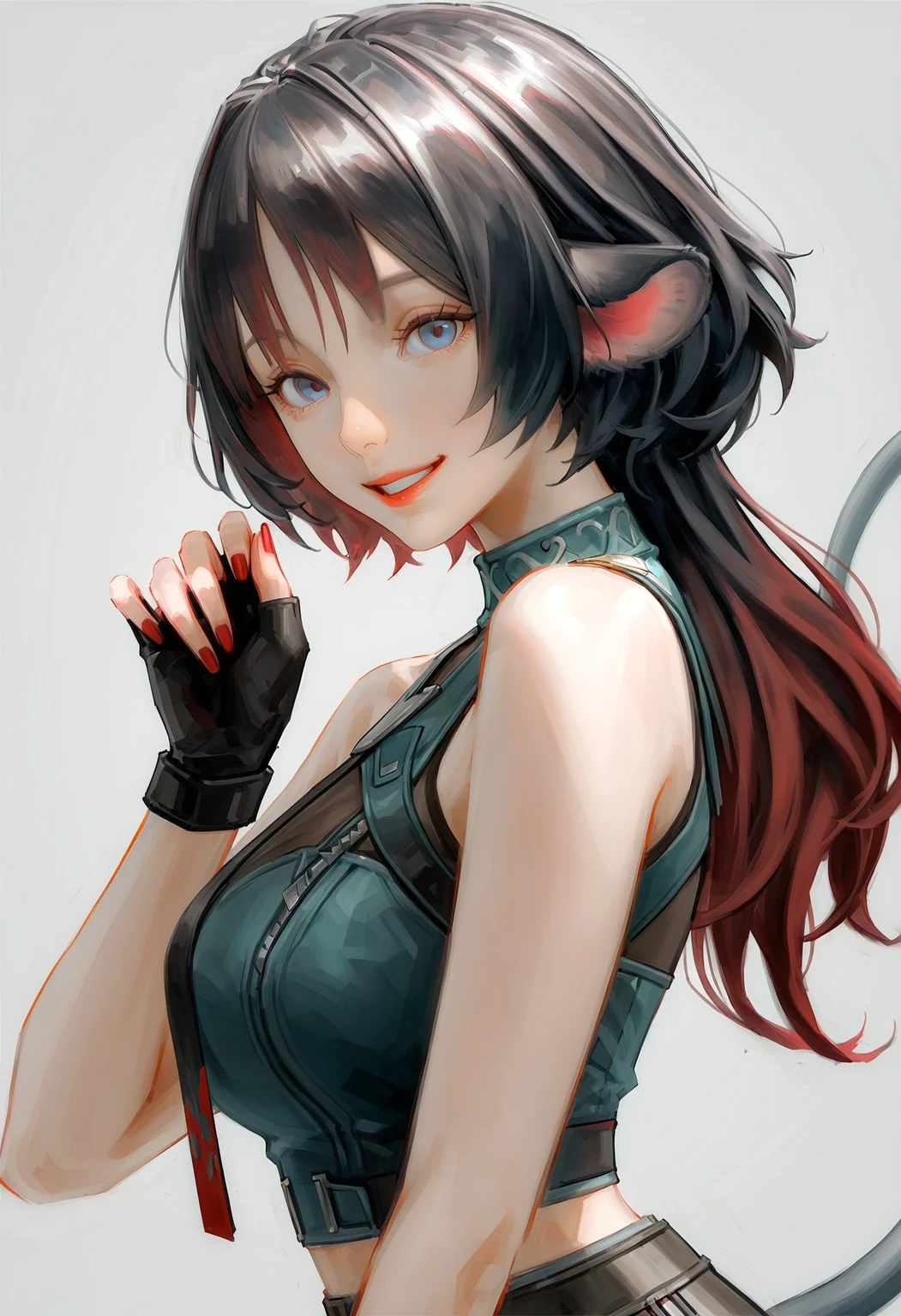 realistic textured painterly, (by lch:1.3),
safe general, nose lips,
jane doe \(zenless zone zero\), 1girl, animal ears, bare shoulders, black gloves, black hair, blue eyes, breasts, fingerless gloves, from side, gloves, gradient hair, grey background, grin, hand up, large breasts, long hair, looking at viewer, mouse ears, mouse girl, multicolored hair, parted lips, red hair, red nails, shirt, sleeveless, sleeveless shirt, smile, solo, tail, two-tone hair, upper body,
very awa, best quality, highres, masterpiece,
<lora:nhl-002-19-nai-new:1.0> nhl-002,