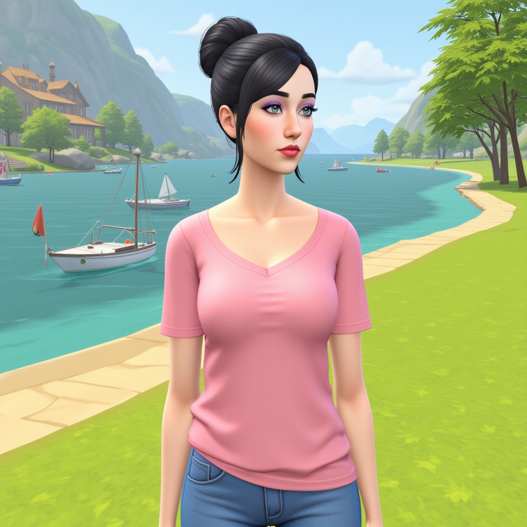 illustration,cartoon,portrait,outdoors,posing,1woman,black hair,bun hairstyle,gray eyes,pink top,jeans