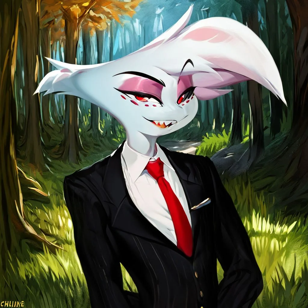 Angel[HH],Angel dust[HH], Spider[HH], Angie[HH], Freckles, pink body, light pink fur, light pink body, multiple limbs, makeup, golden tooth, (Male anthro spider:1.3).  Solo, alone, by himself, 1boy, male.  athletic, athletic body, (athletic body), (white body:1.1), clothing, clothed, suit, red tie, red necktie, necktie, black suit, black suit vest, vest, white shirt, shirt, black pants, pants, black trousers, trousers. HD, digital painting, digital art, masterpiece.  Headshot, head focus, close to face, closeup, bustshot.  Happy emotion, happy.   outside, forest, trees, woods, grassy floor, grassy, (outside:1.4)  HD, digital painting, digital art, masterpiece ((bust portrait)), digital drawing (artwork), digital media (artwork), hi res.