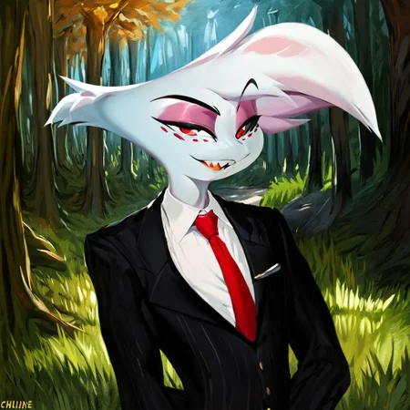 Angel[HH],Angel dust[HH], Spider[HH], Angie[HH], Freckles, pink body, light pink fur, light pink body, multiple limbs, makeup, golden tooth, (Male anthro spider:1.3).  Solo, alone, by himself, 1boy, male.  athletic, athletic body, (athletic body), (white body:1.1), clothing, clothed, suit, red tie, red necktie, necktie, black suit, black suit vest, vest, white shirt, shirt, black pants, pants, black trousers, trousers. HD, digital painting, digital art, masterpiece.  Headshot, head focus, close to face, closeup, bustshot.  Happy emotion, happy.   outside, forest, trees, woods, grassy floor, grassy, (outside:1.4)  HD, digital painting, digital art, masterpiece ((bust portrait)), digital drawing (artwork), digital media (artwork), hi res.