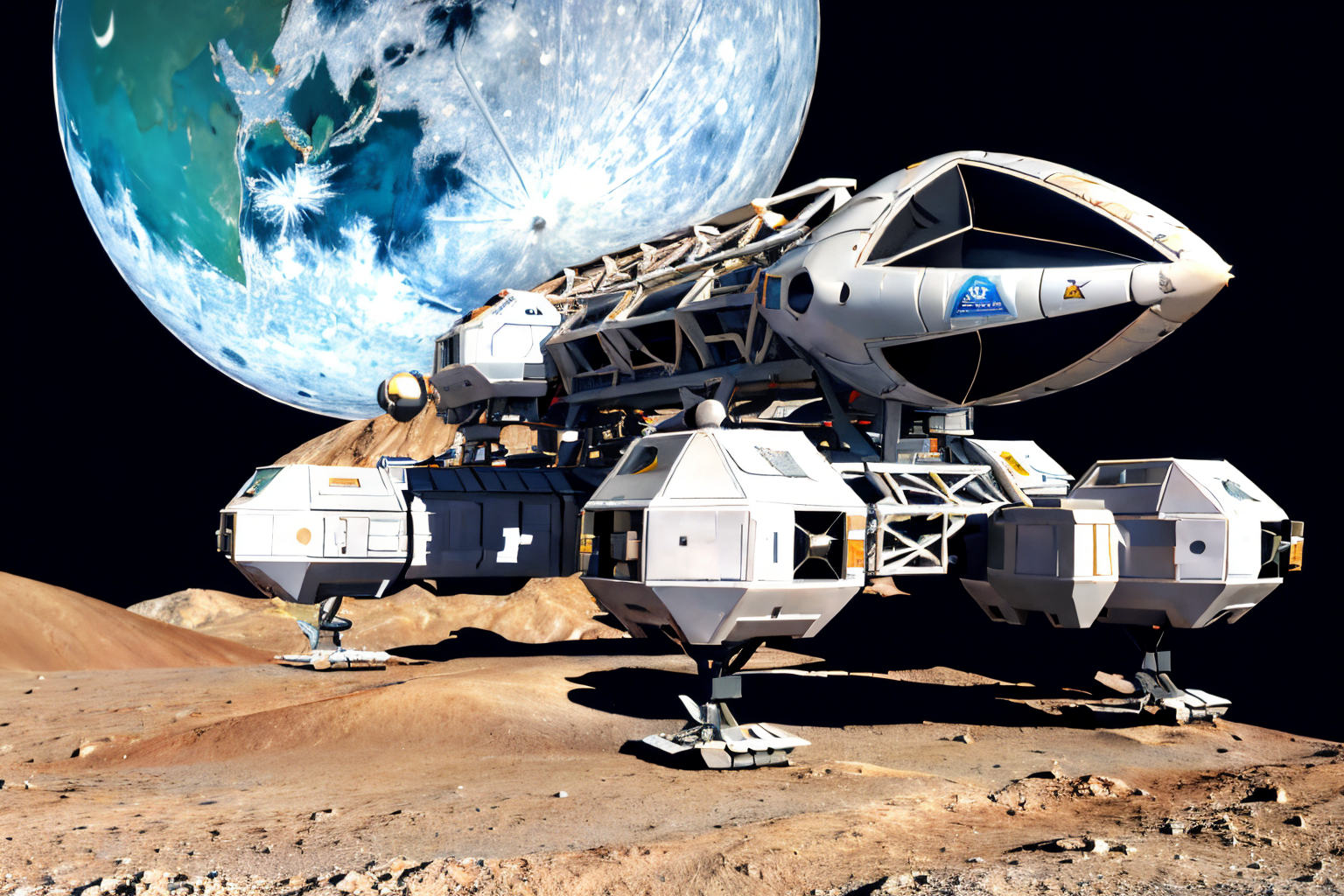(Realistic:1.5) (masterpiece) EdobSpace1999Eagle, military, no humans, black background, machinery, spot color, science fiction, military vehicle, cable, vehicle focus, space background, no humans, moon, star (sky), lens flare, science fiction, sun, retro artstyle, space, planet, earth (planet), spacecraft, concept art, <lora:EdobSpace1999Eagle_v1.0:0.9>