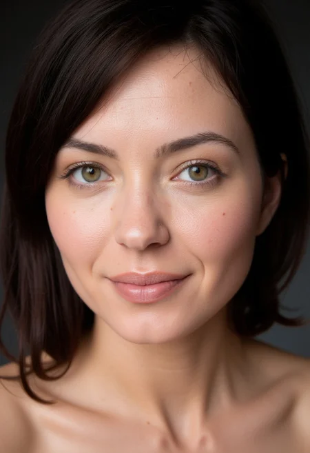 The portrait showcases a serene close-up of a woman in her early 30s with short, sleek dark hair styled in a subtle, asymmetrical bob. The back of her hair is neatly clipped, while the front strands fall gracefully forward, skimming just below her chin, creating a refined and elegant frame for her face. The hair has a slight natural shine, emphasizing its smooth texture and rich, dark tone.
Her eyes are a soft, light green color, with hints of grey around the iris, giving them a tranquil and slightly mysterious quality. She gazes directly at the camera with a gentle, almost contemplative expression, her soft smile adding a touch of warmth. Her lips are naturally pink and slightly curved, conveying a quiet confidence.
Her skin is smooth, fair, and delicately illuminated, with a few faint freckles sprinkled across her cheeks and nose, giving her face an understated charm. Her high cheekbones and gently rounded jawline add balance to her features, while her well-groomed, softly arched eyebrows complement the calm openness of her gaze.
The lighting in the image is soft and diffused, casting a flattering glow across her features without harsh shadows. The overall composition highlights her natural beauty, exuding a quiet elegance, strength, and an approachable demeanor that draws the viewer in.