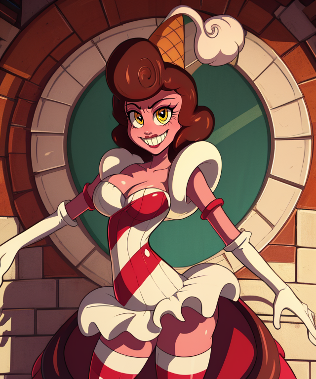 Baroness,brown hair,yellow eyes, solo, standing, cowboyshot,  smile,  skinny,  close up, 
Vonbonbon, white elbow gloves, ice cream cone hat,red striped dress. cleavage, thighhighs, 
candy land, cake castle, 
(insanely detailed, beautiful detailed face,  masterpiece, beautiful detailed  eyes, best quality) 
 <lora:Baroness_von_bon_bon-10:0.9>