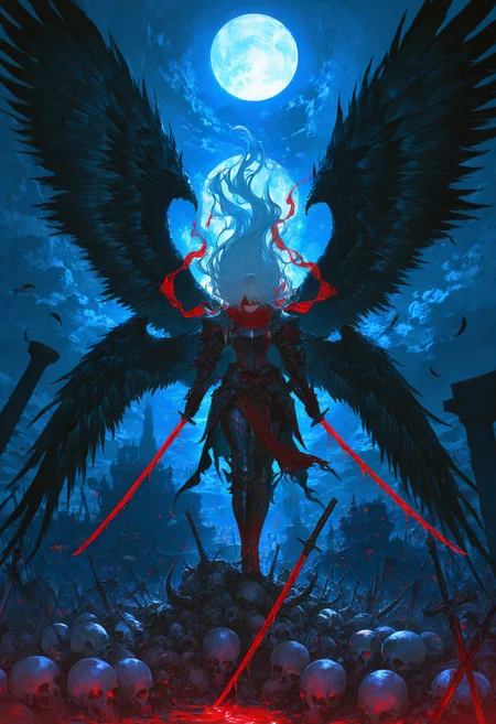 Dynamic illustration, full body, blindfolded swordsman with white hair, long flowing wild hair, wielding a katana up with dripping blood, double wings, giant wings, feathers falling, moonlight, big moon, battlefield, pile skulls, dark fantasy, dramatic lighting, highly detailed armor, flowing red scarf, art by Yoshitaka Amano and Ayami Kojima, intricate details, masterpiece, best quality, absurdres, very aesthetic, very awa, newest, 748cmstyle, usnr, gbf_style, <lora:add-detail-xl:1>, <lora:745cmSDXLvpred75S:0.8>, <lora:USNR STYLE_XL_loha:0.5>, <lora:GBF_Illustrious:0.5>, <lora:spo_sdxl_10ep_4k-data_lora_webui:0.6>