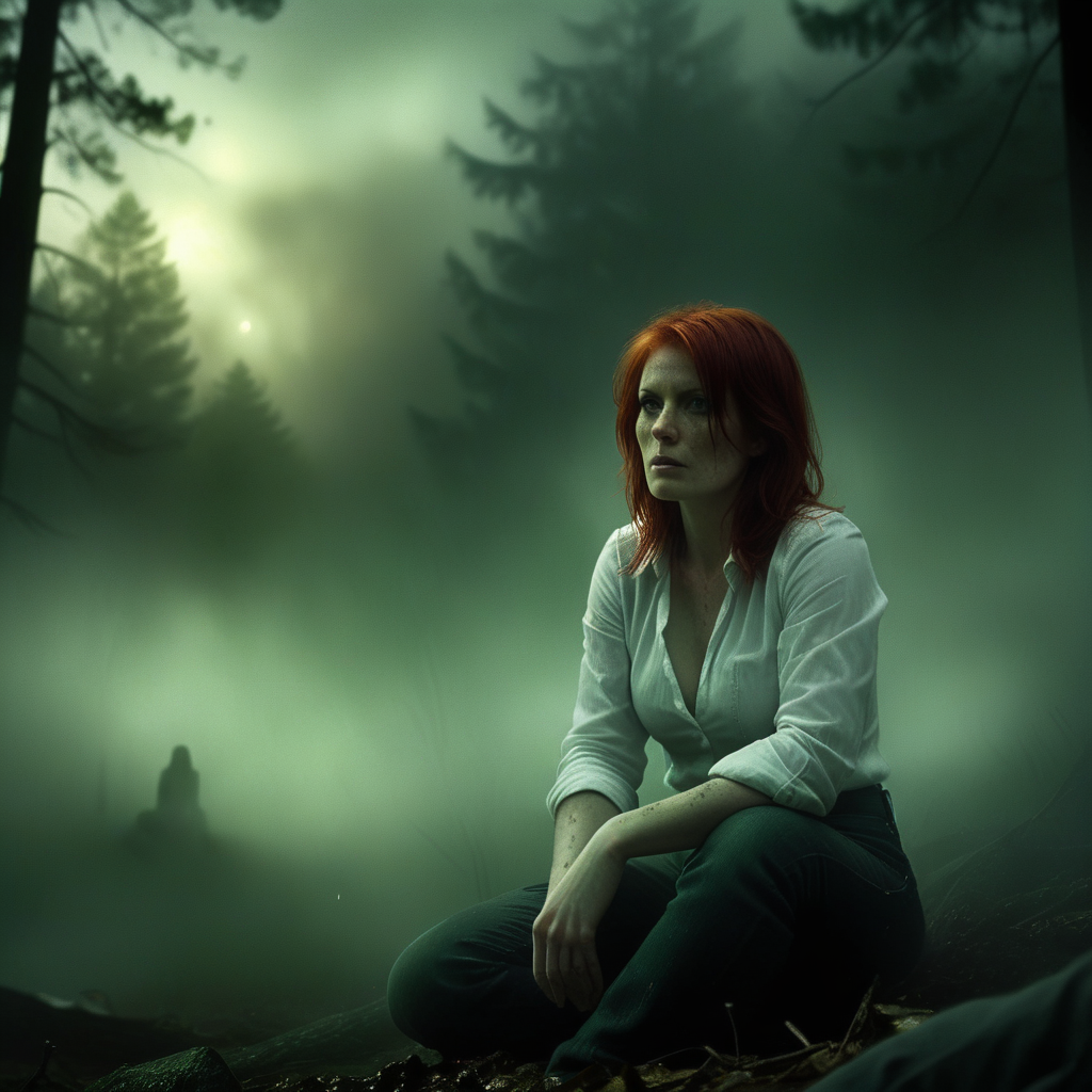 ArsGreenMistWorld,A woman with red hair in her thirties sits on the ground, she is wearing an unbuttoned white shirt and jeans in a foggy forest background with an ominous mood. Ghostly silhouettes of people can be seen behind her in the style of photo realistic, cinematic art with dark green tones.  <lora:ArsMorph_-_World_of_Green_Mist:1>
