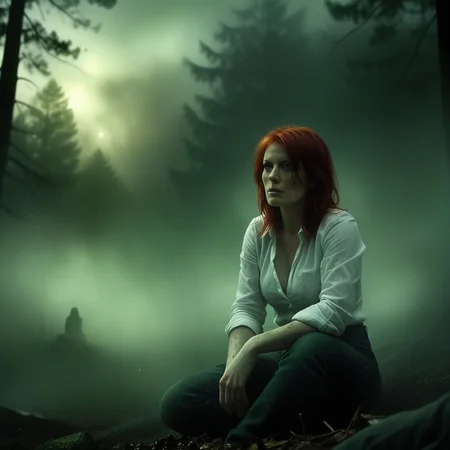 ArsGreenMistWorld,A woman with red hair in her thirties sits on the ground, she is wearing an unbuttoned white shirt and jeans in a foggy forest background with an ominous mood. Ghostly silhouettes of people can be seen behind her in the style of photo realistic, cinematic art with dark green tones. <lora:ArsMorph_-_World_of_Green_Mist:1>