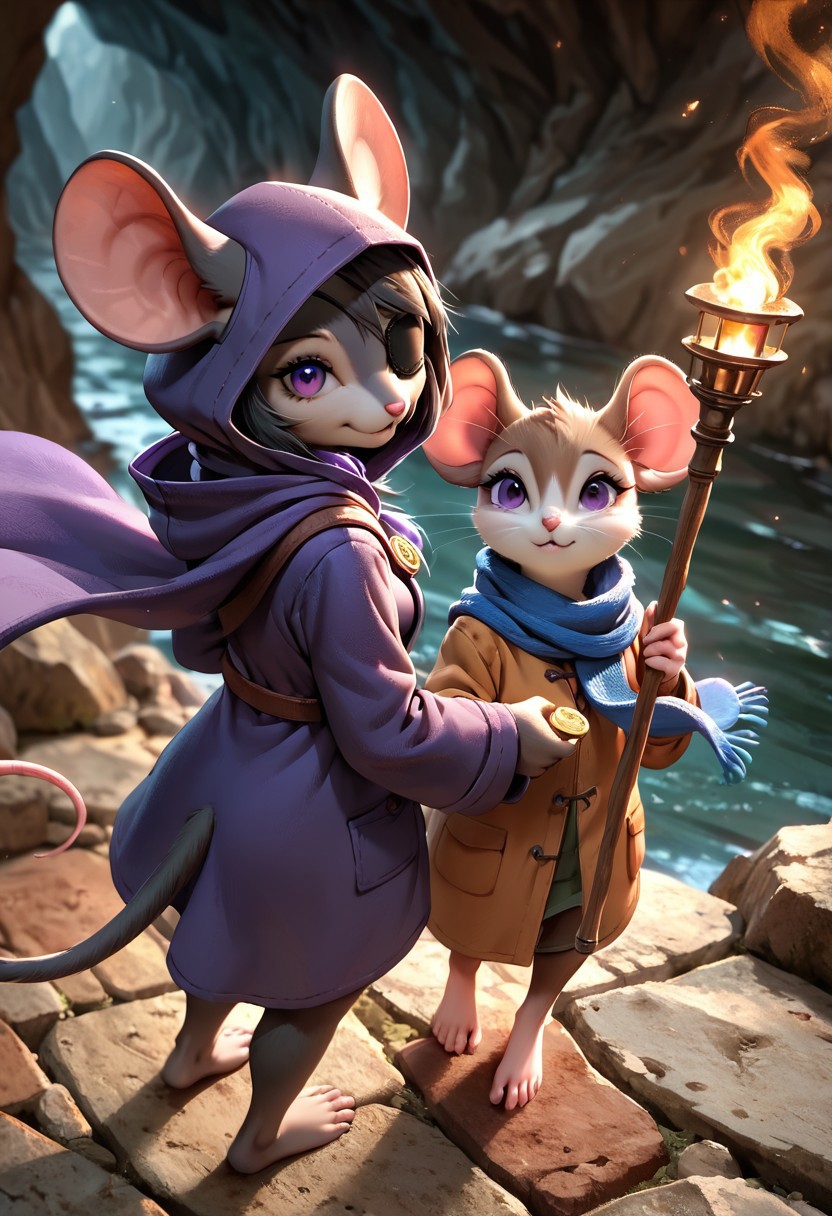 score_9, score_8_up, score_7_up, masterpiece, line art, portrait, anime, detailed, <lora:Expressive_H:0.45> Expressiveh, extremely detailed, zPDXL2, detailed background, concept art, realistic, duo, 2 mouse girls, anthro mouse girl, (bald), fur, fluff, cute, dark, purple eyes, hooded, blue scarf, scarf flowing in wind, back to viewer, cave background, expansive cavern, underground river in background, in front of a dark cave, coat, tunic, holding torch, (brown fur), bottomless, barefoot, ((from above:1.2)), ((nighttime)), g0thicPXL, from side, BREAK
anthro mouse girl, bald, fur, fluff, cute, purple eyes, hooded, inside dark ruin, nighttime, blue scarf, holding coin, portrait, looking at cave, scarf flowing in wind, cobblestone floor, coat, tunic, eye patch, black fur, bottomless, barefoot,