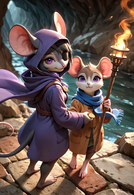 score_9, score_8_up, score_7_up, masterpiece, line art, portrait, anime, detailed, <lora:Expressive_H:0.45> Expressiveh, extremely detailed, zPDXL2, detailed background, concept art, realistic, duo, 2 mouse girls, anthro mouse girl, (bald), fur, fluff, cute, dark, purple eyes, hooded, blue scarf, scarf flowing in wind, back to viewer, cave background, expansive cavern, underground river in background, in front of a dark cave, coat, tunic, holding torch, (brown fur), bottomless, barefoot, ((from above:1.2)), ((nighttime)), g0thicPXL, from side, BREAK
anthro mouse girl, bald, fur, fluff, cute, purple eyes, hooded, inside dark ruin, nighttime, blue scarf, holding coin, portrait, looking at cave, scarf flowing in wind, cobblestone floor, coat, tunic, eye patch, black fur, bottomless, barefoot,