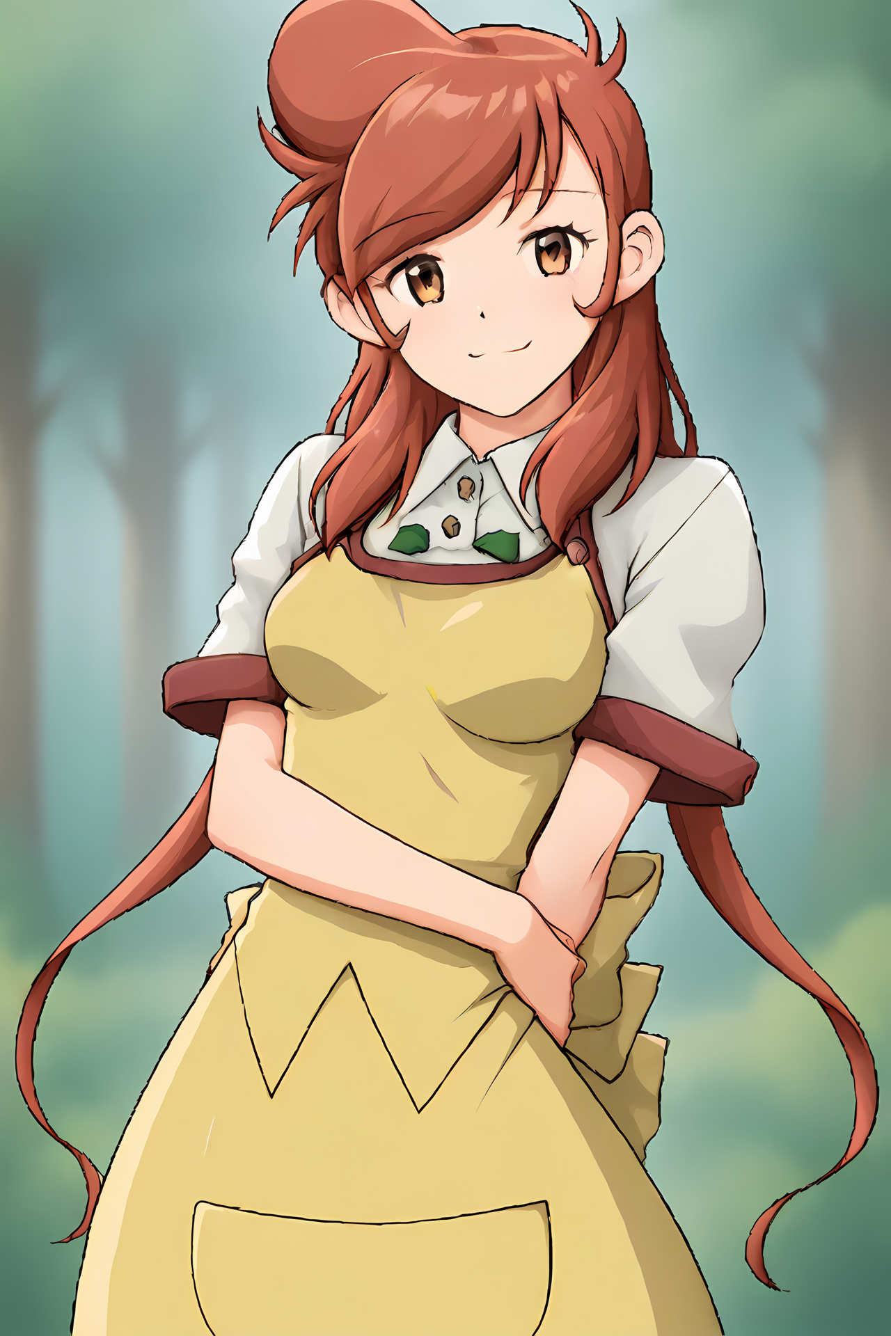 (yellow apron:1.50), cra-melissa, red hair, brown eyes, long hair, big hair, swept bang, 
medium breasts, 1girl, solo, skinny, (source_anime, score_9, score_8_up, score_8, score_7_up), score_7, score_6_up, score_6, score_5_up, score_5, 
(light smile:1.30),
(0.1:outdoors forest:1.10),
(straight-on:1.20), (:1.20),
<lora:cra-melissa-V02-000002:1.00>