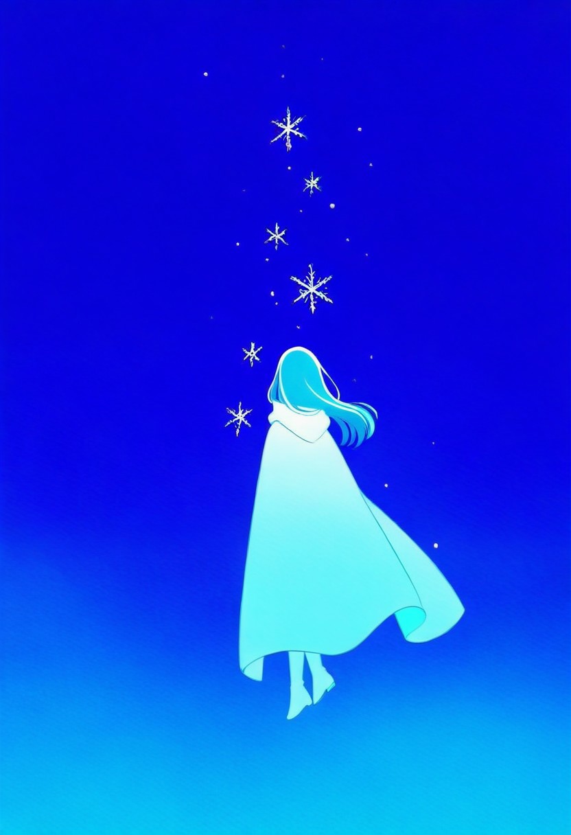Festive, snowflake, girl's back, long hair, white cloak, night sky, twinkling stars, falling snowflakes, lonely and beautiful