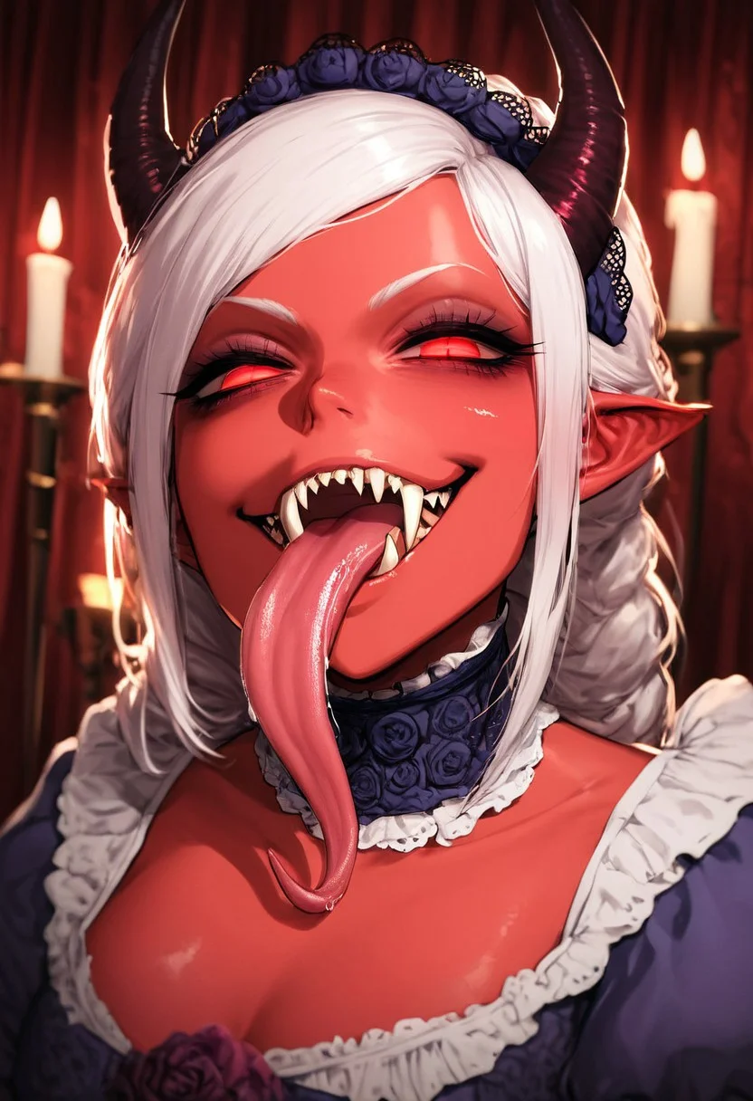 score_9, score_8_up, score_7_up, r3mbr4ndt, hyperdetailed, stylish background, dramatic lighting, wax candle lighting, portrait, extravagant portrait of a ghoulish succubus, light red skin female, small black horns, long devil tail, long white hair, cute face, pointy nose, sinister smile, (sharp fangs, perfect fangs, perfect teeth), devious, beautiful face, cheek bones, evil eyes, smug smile, sultry gaze, licking lips, long tongue, forked tongue, alluring, enchanting, lightly glowing red eyes, light purple aura surrounding her, Victorian dress, poofy shoulders, fancy dress, female focus, upper body focus