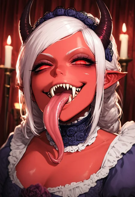 score_9, score_8_up, score_7_up, r3mbr4ndt, hyperdetailed, stylish background, dramatic lighting, wax candle lighting, portrait, extravagant portrait of a ghoulish succubus, light red skin female, small black horns, long devil tail, long white hair, cute face, pointy nose, sinister smile, (sharp fangs, perfect fangs, perfect teeth), devious, beautiful face, cheek bones, evil eyes, smug smile, sultry gaze, licking lips, long tongue, forked tongue, alluring, enchanting, lightly glowing red eyes, light purple aura surrounding her, Victorian dress, poofy shoulders, fancy dress, female focus, upper body focus