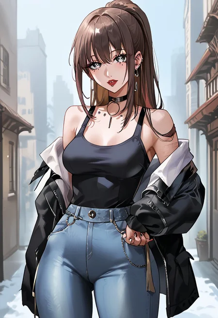 score_9, score_8_up, score_7_up, score_6_up, 1girl, expulse, medium hair, side-swepped bangs, brown hair, purple streaks, ponytail, BREAK, grey eyes, short neck, gorgeous lips, ear piercings, BREAK, medium breasts, pale skin, BREAK, solo, alone, black tanktop, tight jeans, sexy gal, no make-up (masterpiece:1.2), best quality, high resolution, unity 8k wallpaper, (illustration:0.8), (beautiful detailed eyes:1.6), extremely detailed face, perfect lighting, extremely detailed CG, (perfect hands, perfect anatomy),