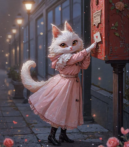 Beneath the soft glow of Parisian streetlights on a misty Valentine’s night, rain drapes the city in a shimmering veil of romance. The scent of fresh roses and warm vanilla drifts from a nearby patisserie, while distant music—a slow, wistful violin melody—curls through the air like an invisible ribbon binding lovers across the city. The golden glow of the Eiffel Tower flickers through the gentle mist, its radiance softened by the rain, creating a halo of warmth against the velvet night sky.

At the heart of this enchanting scene, a breathtaking white cat stands before a vintage red mailbox, its ornate surface glistening with rain-speckled engravings of cherubs and roses. She is adorned in a delicate, blush-pink raincoat, its fine lace trim and pearl buttons catching the glow of the surrounding lamplight. A soft silk scarf, the color of pressed rose petals, drapes elegantly around her neck, fluttering slightly with the cool evening breeze. Droplets of rain shimmer on her velvety fur, like scattered stardust upon freshly fallen snow.

In her dainty, gloved paw, she holds a love letter—a beautifully sealed envelope kissed with a deep crimson lipstick imprint, a silent confession of longing and devotion. Her golden eyes, luminous and tender, meet the viewer’s gaze as she extends the letter forward, as if offering a moment of intimacy before it is entrusted to fate. The paper, edged with the faintest gold detailing, carries the delicate scent of roses and soft-spoken words, a message of passion waiting to be delivered.

She stands poised yet vulnerable, her fluffy tail gently curling in the shape of a heart behind her. The rain, now more like silver threads weaving through the air, drapes her in an almost ethereal glow. The nearby streetlamp casts a golden hue upon her figure, making the soft curves of her form feel like a living painting, a portrait of love itself.

A short distance away, a kindhearted mailman in a classic wool coat approaches, his silhouette framed by the blurred glow of the city. Soon, he will collect the letter and carry it to its destined heart. Around them, the world hums with quiet intimacy—a florist arranging bouquets of deep red and blush roses, a café terrace adorned with flickering candlelight, a couple sharing an umbrella as they stroll hand in hand, lost in whispered affections.

For a fleeting moment, time slows. The cat’s expression, serene yet hopeful, invites the viewer to share in the quiet magic of love unspoken. The envelope remains extended—one last heartbeat of anticipation—before she will gently slip it into the rain-kissed mailbox, sending her words into the night, where love itself will carry them the rest of the way.

This is more than an image. It is a moment suspended in time, an eternal whisper of love, longing, and the quiet beauty of a Valentine’s night in Paris.

Anime, Niji