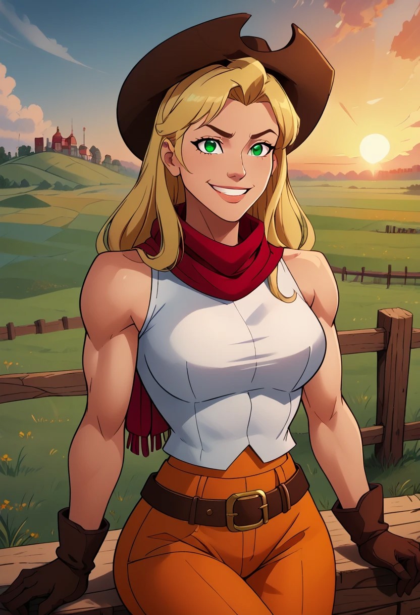4K, masterpiece,full body portrait,flat colors,vibrant colors, t00nstyl3, single female, cowgirl, leaning against fence, flirting, crossed legs,highly detailed gorgeous face, large breasts,long hair,blonde hair,sensual smile,confident,green eyes,highly detailed eyes, muscular,
sleeveless turtleneck,white crop top, white cowboy hat,red scarf around neck, leather gloves,belt,orange pants, bare arms, bare midriff, bare shoulders
wheat field, sunrise, summer