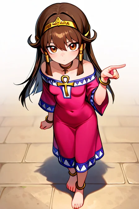 masterpiece, High quality, Ultra detailed, 2d, newest, absurdres, highres, BREAK
1girl, solo, egyptian, <lora:sera:0.8>, sera_(yu-gi-oh!), long hair, brown hair, sidelocks, hairband, hair tubes, jewelry, hair between eyes, brown eyes, choker,
small breasts, seradef, off-shoulder dress, dress, ankh, bracelet, anklet, foot, barefoot, 
from above, hand up, pointing at viewer,
