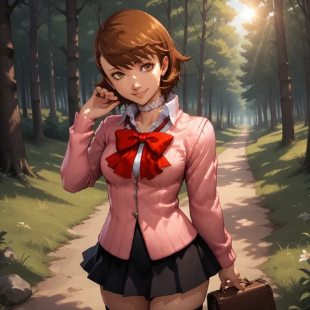 score_9, score_8, BREAK, solo, Yukari_Takeba_(Persona_3), brown hair, white heart choker, pink striped jacket, red bow tie, short black skirt, knee highs, black socks, brown shoes, self portrait, smile, looking at viewer, outdoors, sunlight, shadows, evening lighting, natural lighting, forest, trees, grass, orange sky, sunset