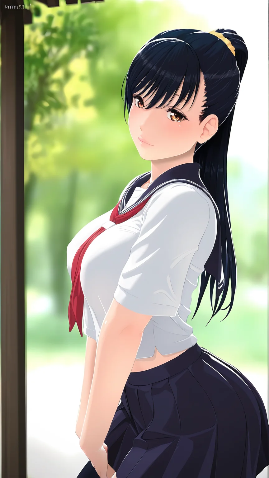amazing quality,absurdres,best quality,masterpiece,highres,newest,detailed,detailed body,detailed face,masterpiece,best quality,solo,3d,realistic,
yumi,1girl,solo,school uniform,black hair,serafuku,ponytail,brown eyes,upper body,breasts,red neckerchief,blurry background,black thighhighs,<lora:yumi:1>,