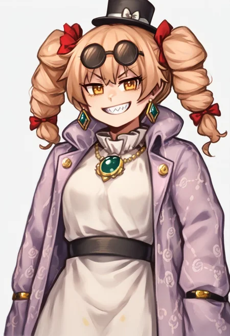 score_9, score_7_up, source_anime, source_cartoon, BREAK, absurdres, high quality, colorful, beautiful color, exquisite color design, aesthetic, illustration, 145, 1girl, mature female, beauty, yorigami_jo'on, drill hair, eyewear on head, round eyewear, orange eyes, earrings, breasts, hat, bow, dress, top hat, white dress, necklace, jewelry, twin drills, sunglasses, ring, bracelet, coat, gradient coat, purple coat, pink coat, patterned coat, fur trim, simple background, evil grin, black belt