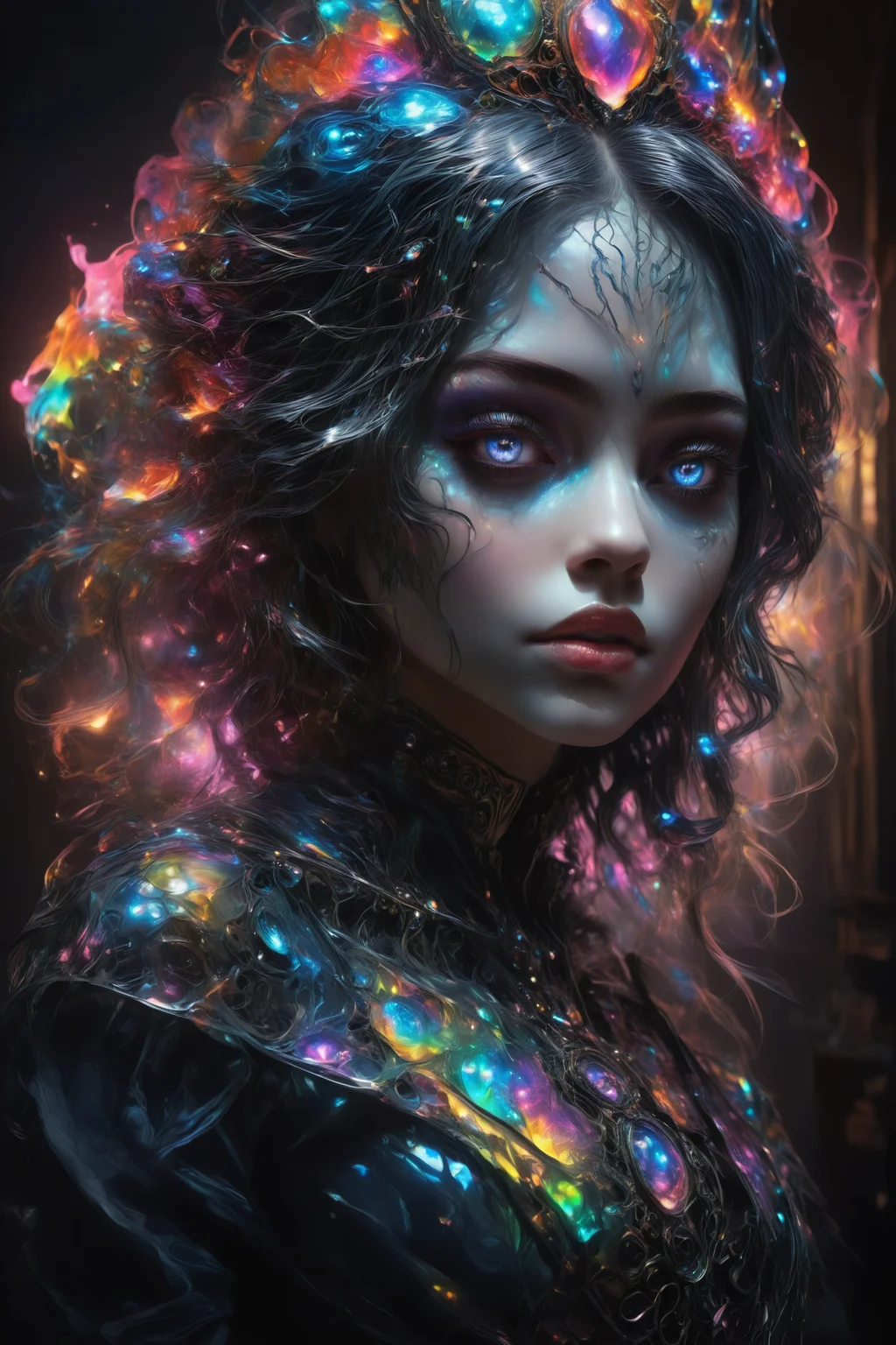 Dark and moody portrait of a gothic girl, intricate details in her makeup and clothing, realistic oil painting style by Victoria Frances, long shot, dramatic lighting with shadows, intense gaze towards the viewer. <lora:detailed_notrigger:1> <lora:DetailMaximizer:1> <lora:SDXLFaeTastic2400:1>  <lora:M05_Intensify:0.2> <lora:th3rm4lXLP:1> th3rm4l, colorful, thermal