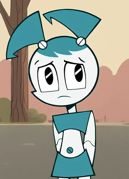 <lora:Jenny_XJ-9_Pony1.0:1.0> jenny, twintails, 1girl, solo, robot, no humans, blue hair, blue tube top, blue skirt, robot joints, navel, white skin, looking at viewer, cowboy shot, outdoors, tree, score_9, score_8_up, score_7_up, score_6_up, score_5_up, score_4_up ,shy, arms behind back,