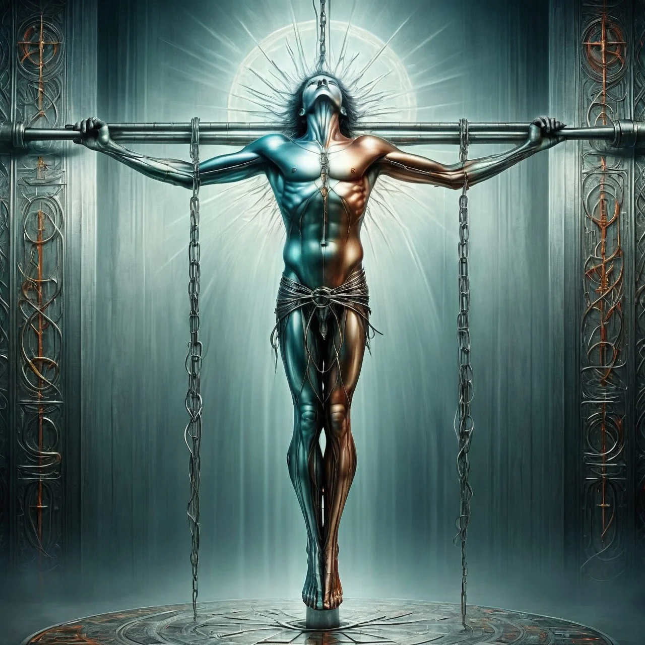 a coloured fantasy photo of a mature cs-m3tal-ok_v06-1000 Zambian Tarot The Hanged Man, upside down, hanging by one ankle, aura, made of metal with networks of fine (bronze:0.33) lines. Intricate, very detailed <lora:ral-polishedsteel:0.25>