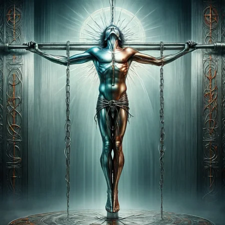 a coloured fantasy photo of a mature cs-m3tal-ok_v06-1000 Zambian Tarot The Hanged Man, upside down, hanging by one ankle, aura, made of metal with networks of fine (bronze:0.33) lines. Intricate, very detailed <lora:ral-polishedsteel:0.25>