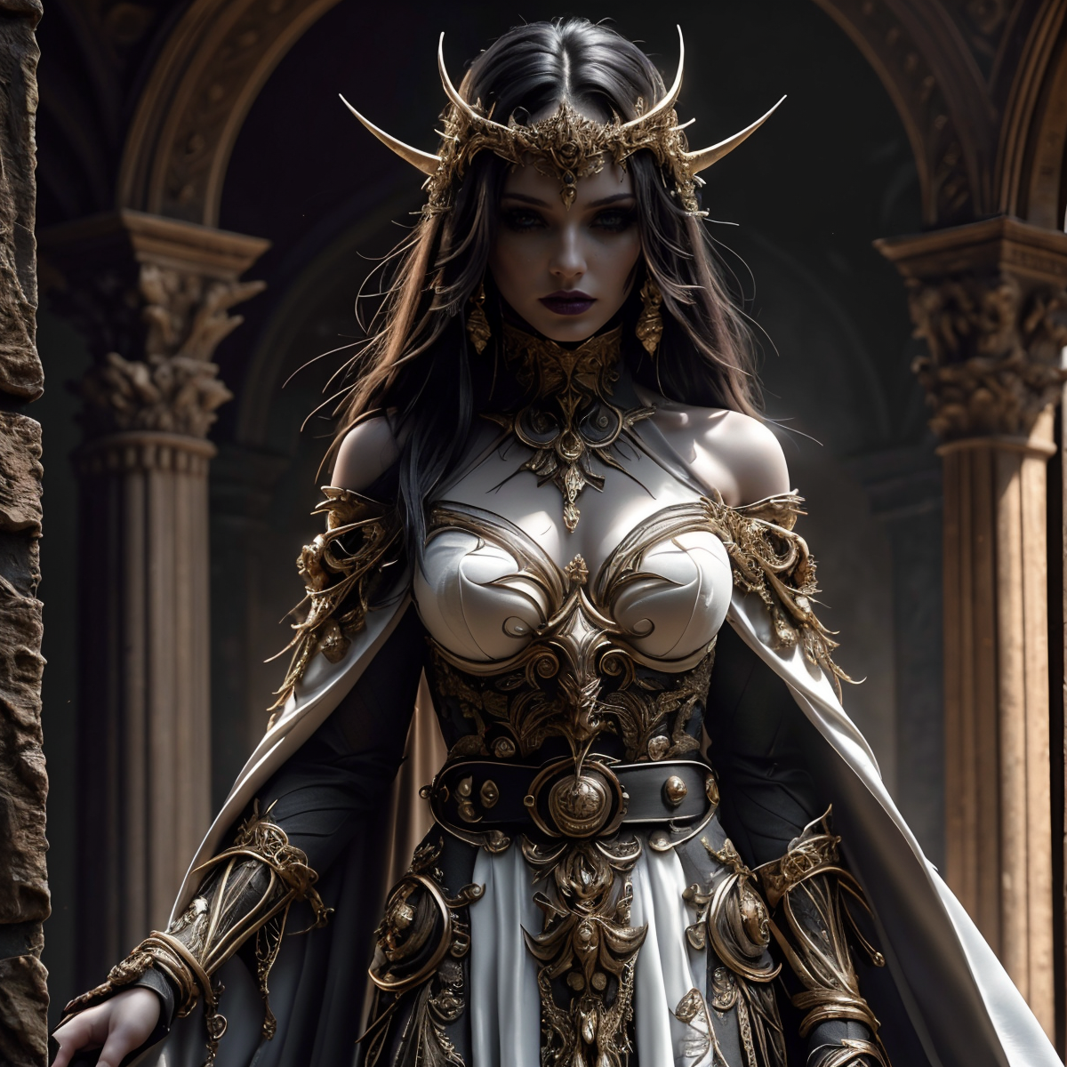 RAW photo, (masterpiece:1.3), subsurface scattering, heavy shadow, (high quality:1.4), (intricate, high detail:1.2), professional photography, HDR, High Dynamic Range, realistic, ultra realistic, photorealistic, high resolution, film photography, ambient lighting, atmospheric effects, <lora:detail_slider_v4:2>, OverallDetail,  <lora:DarkElfClothes:0.7>, a beautiful dark elf priestess, dark makeup, white robes, dec, elaborate belt, bare shoulders, epiCPhoto
