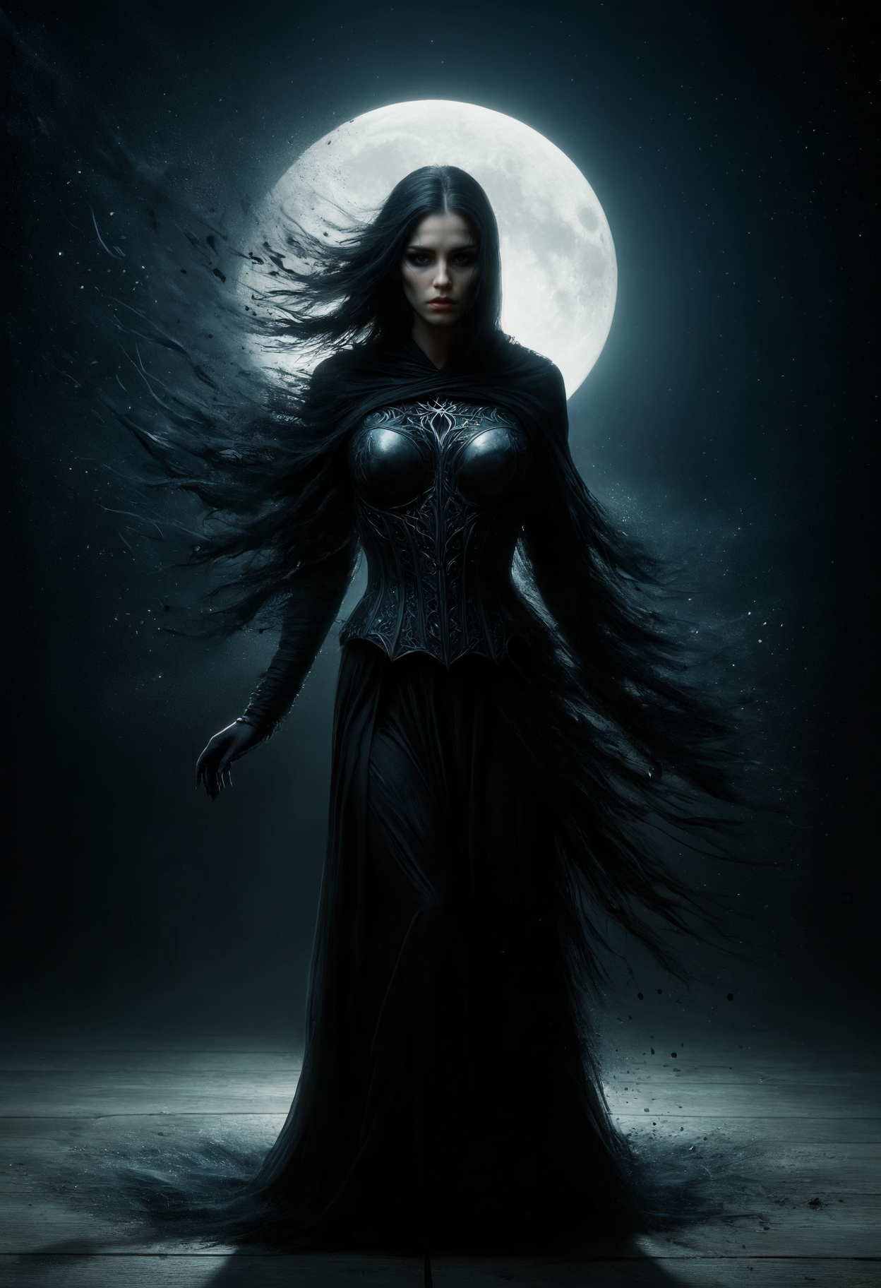 macabre style heart of the Black Desert a ral-dissolve woman cloaked in shadow stands, solo, her form a deeper shade within the all-encompassing darkness, performing a mysterious ritual known only to her, moving with precision and grace through the thick tangible obscurity that surrounds her, the ritual carving pathways of emptiness into the void itself, a massive harvest moon in the background, moon light filters through the darkness illuminating her form, crows gather around her drawn to the enigmatic aura of this sculptor of the unseen, style of Russ Mills and Tyler Shields, . dark, gothic, grim, haunting, highly detailed, <lora:ral-dissolve:1.2>, <lora:ral-dissolve:1>, ral-dissolve, <lora:add-detail-xl:1.5>, 
((very close)) (macro), realistic, ((photorealistic)), extremely detailed, glass reflection, dark shadows, hard light, hard shadows, shallow depth of field, very detailed, big-budget Hollywood movie, detailed, focus on things, wide angle, chaotic cabin in the background. vivid, photorealistic, realistic, dramatic, dark, sharp focus, 8k, cinematic photography, film mood, cinematic light, immersive composition, narrative elements, conveys emotion, mood and narrative depth to create visually striking images that feel like still frames from a film, action, highly detailed, <lora:ral-dissolve:1>, ral-dissolve