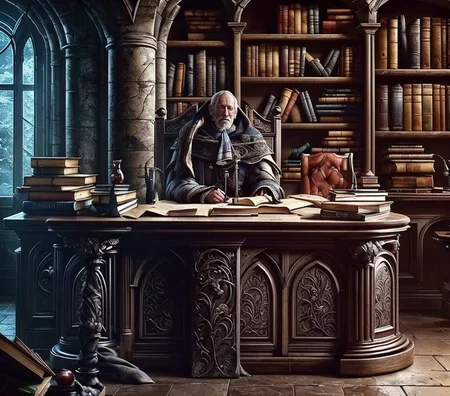 RAW photo, (masterpiece:1.3), subsurface scattering, heavy shadow, (high quality:1.4), (intricate, high detail:1.2), professional photography, HDR, High Dynamic Range, realistic, ultra realistic, photorealistic, high resolution, film photography, ambient lighting, atmospheric effects, <lora:detail_slider_v4:2>, OverallDetail, a scholar sitting behind a desk in his library, FanStu, <lora:FantasyStudy-10:1>, epiCPhoto