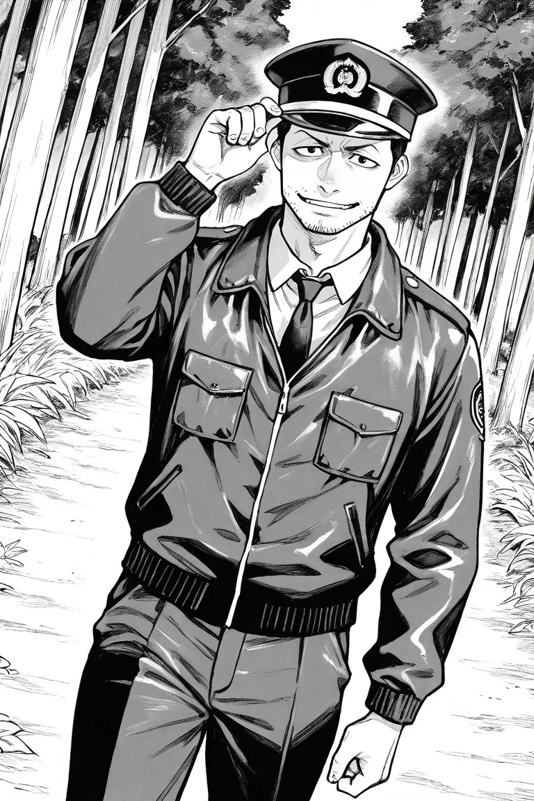 perfect anatomy, perfect proportions, best quality, masterpiece, high_resolution, high quality, best aesthetic, incredibly absurdres, highres, extremely detailed, huge filesize, mature, masculine, manly, virile, handsome, charming, alluring, bara, male focus, solo male, cowboy shot, dutch angle, source_manga \(Gannibal\), official style \(Gannibal\), Agawa Daigo \(Gannibal\), GNBAgawa, black hair, short hair, black eyes, facial hair, stubble, GNBAgawa_Outfit01, policeman, police uniform, Japanese police uniform, dark blue police peaked cap, white collared shirt, dark blue necktie, dark black jacket, dark blue pants, looking at viewer, adjusting headwear, smirk, rural, pastoral, forest, creep, suspense, horror, manga, greyscale, monochrome, manga brushwork style, traditional drawing