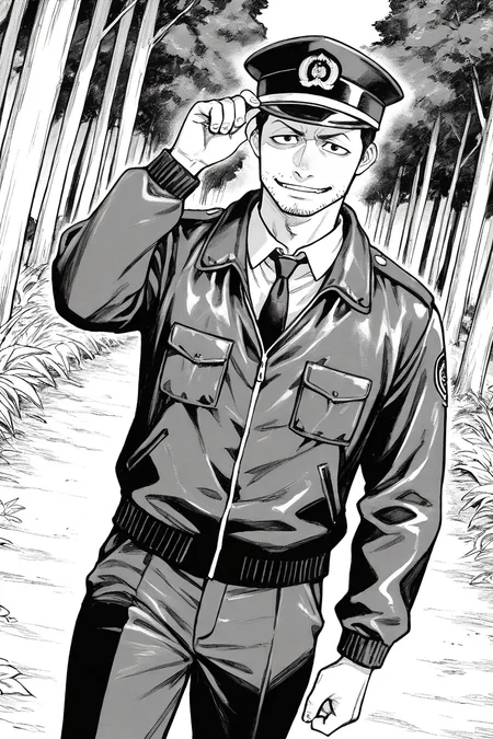 perfect anatomy, perfect proportions, best quality, masterpiece, high_resolution, high quality, best aesthetic, incredibly absurdres, highres, extremely detailed, huge filesize, mature, masculine, manly, virile, handsome, charming, alluring, bara, male focus, solo male, cowboy shot, dutch angle, source_manga \(Gannibal\), official style \(Gannibal\), Agawa Daigo \(Gannibal\), GNBAgawa, black hair, short hair, black eyes, facial hair, stubble, GNBAgawa_Outfit01, policeman, police uniform, Japanese police uniform, dark blue police peaked cap, white collared shirt, dark blue necktie, dark black jacket, dark blue pants, looking at viewer, adjusting headwear, smirk, rural, pastoral, forest, creep, suspense, horror, manga, greyscale, monochrome, manga brushwork style, traditional drawing