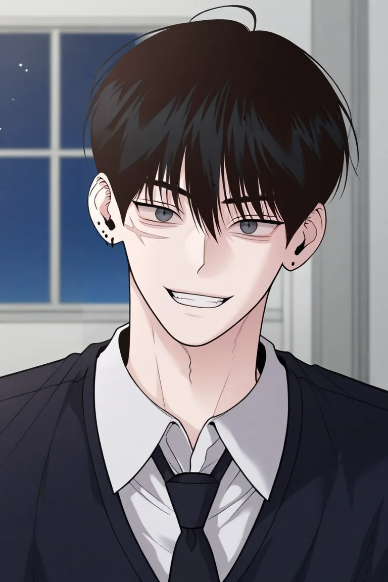 score_9, score_8_up, score_7_up,score_6_up,score_5_up,score_4_up,source_anime,BREAK, rating_safe, intricate details , , , anime screencap, anime coloring, official style, depth of field,1boy, solo, male focus , , ,<lora:goo_yoon_won:0.95>,goo yoon won,black hair,grey eyes,short hair,,bangs,hair between eyes,scar,grin,open mouth, shirt, long sleeves,upper body, white shirt, earrings, necktie, collared shirt,indoors, vest,piercing,right ear bare,black necktie, black vest,looking at viewer,scar on face,indoors,night,sky, , , <lora:sdxl_lightning_8step_lora_315544:1>