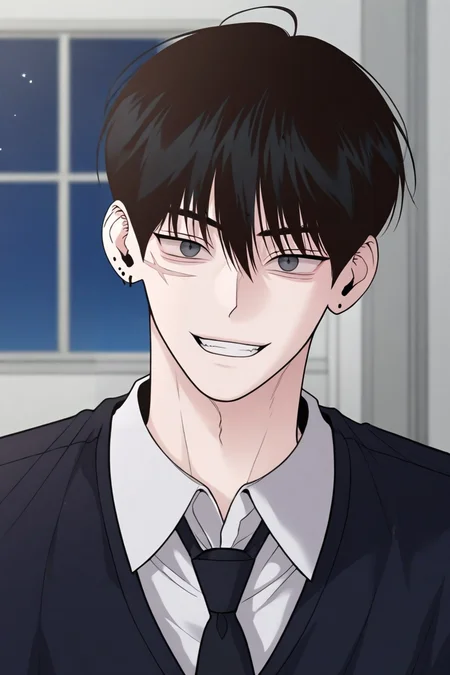 score_9, score_8_up, score_7_up,score_6_up,score_5_up,score_4_up,source_anime,BREAK, rating_safe, intricate details , , , anime screencap, anime coloring, official style, depth of field,1boy, solo, male focus , , ,<lora:goo_yoon_won:0.95>,goo yoon won,black hair,grey eyes,short hair,,bangs,hair between eyes,scar,grin,open mouth, shirt, long sleeves,upper body, white shirt, earrings, necktie, collared shirt,indoors, vest,piercing,right ear bare,black necktie, black vest,looking at viewer,scar on face,indoors,night,sky, , , <lora:sdxl_lightning_8step_lora_315544:1>