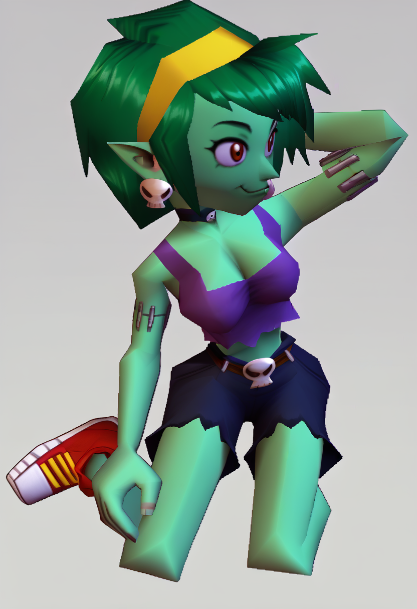 score_9, score_8_up, score_7_up, source_anime, BREAK 1girl, kneeling, arm behind head, <lora:zs_N64ZeldaStyleXL:1> n64zeldastyle, 3d, polygonal, white background, full body,<lora:rottytops-pdxl-nvwls-v1:1> rottytops, green hair, colored skin, stitches, yellow hairband, skull earrings, choker, purple tank top, midriff, cleavage, belt, shorts, sneakers