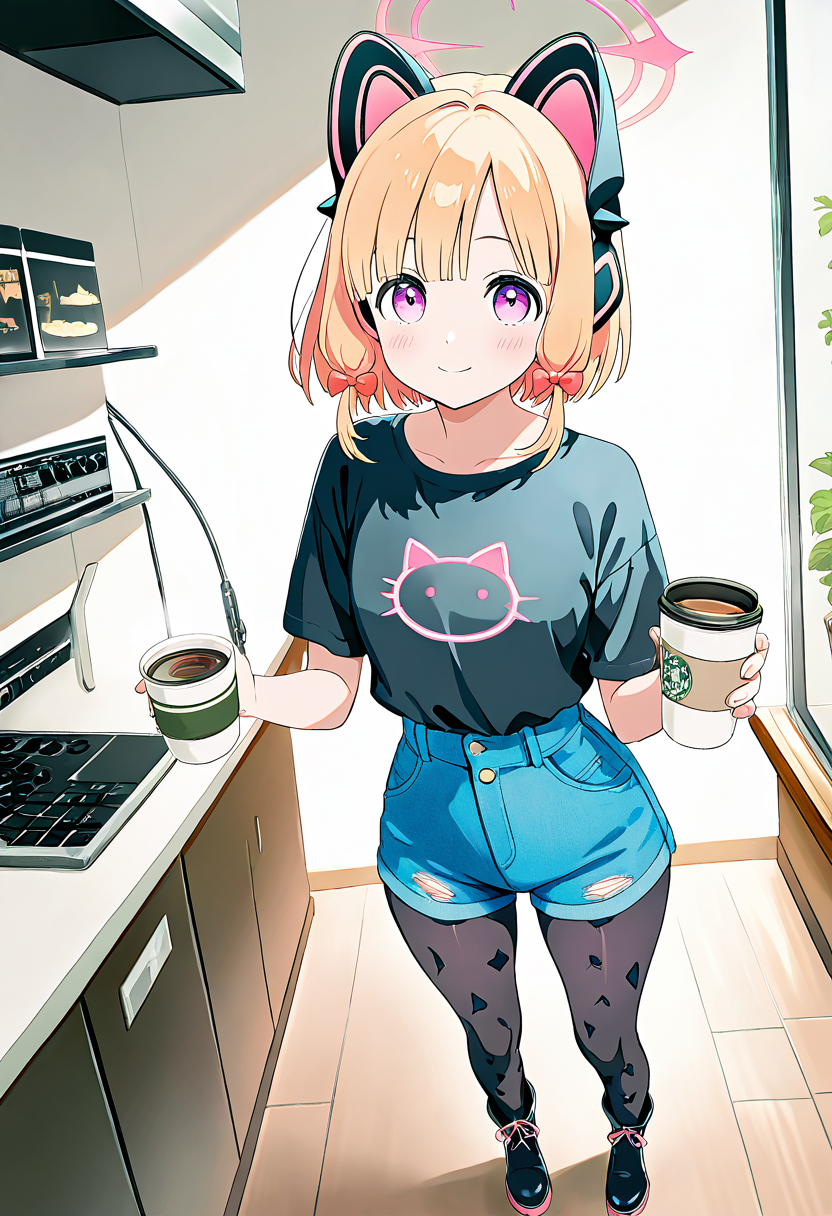 masterpiece, best quality, solo, curvy, beautiful eyes, narrow waist, wide hips, 1girl, solo, smile, looking at viewer, dynamic angle, foreshortening, close up,     zzMomoi, blonde hair, animal ears, fake animal ears, animal ear headphones, headphones, short hair, bow, halo, cat ear headphones, hair bow, red bow, pink eyes, pink halo,  ,<lora:MomoiBlueArchiveIXL:0.7>,[Indie Emo], tight black t-shirt with an indie band's logo, high-waisted distressed denim shorts, patterned tights with small holes, ankle boots with buckles, silver rings on each finger, dark brown smoky eye shadow with a subtle wing, messy bun with a few loose strands, standing in a cozy coffee shop surrounded by vinyl records and low lighting, holding a warm cup of coffee,
