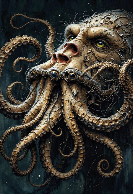 digital art. abstract portrait hybrid monkey with octopus tentacle as mouth. <lora:FluxMythP0rtr4itStyle.safetensors:0.7>, <lora:Warhammer_Rogue_Trader_Style_flux-000021.safetensors:0.75>, <lora:Movie_Portrait.safetensors:0.5>, <lora:- Flux1 - soothing_atmo_V2.0.safetensors:0.2>, <lora:lith_mimosa_kiel_grw134_FLUX.safetensors:0.4>, <lora:paintart-style-006-v1-0-flux.safetensors:0.5>,