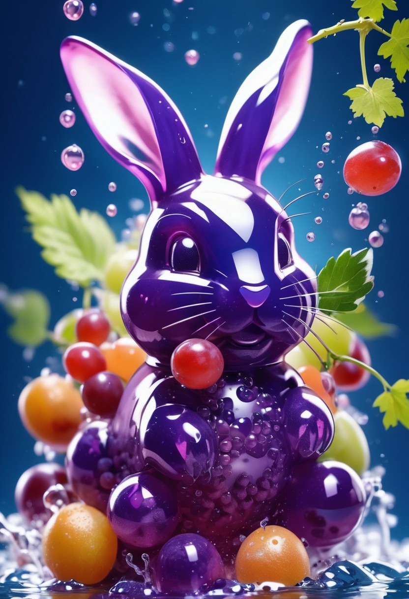 Rabbit made from grapes, splash water, flashing particles , depth of field, clean background, made from grapes<lora:ral-rawmeat:1>