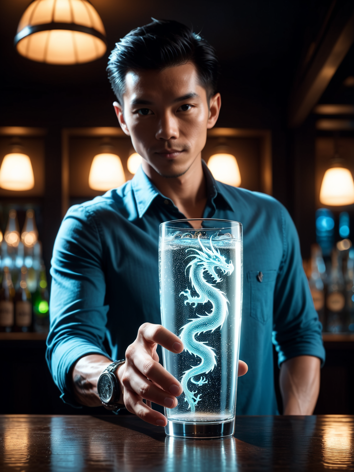 man standing in bar holding sparkling water glass, mad-spklgwtr dragon , mad-spklgwtr dragon <lora:Sparkling_Water_SDXL:0.7>, masterpiece, best quality, ultra high res, (photorealistic, realistic:1.2), deep shadow, raw photo, film grain, Fujifilm XT3, 8k uhd, dslr