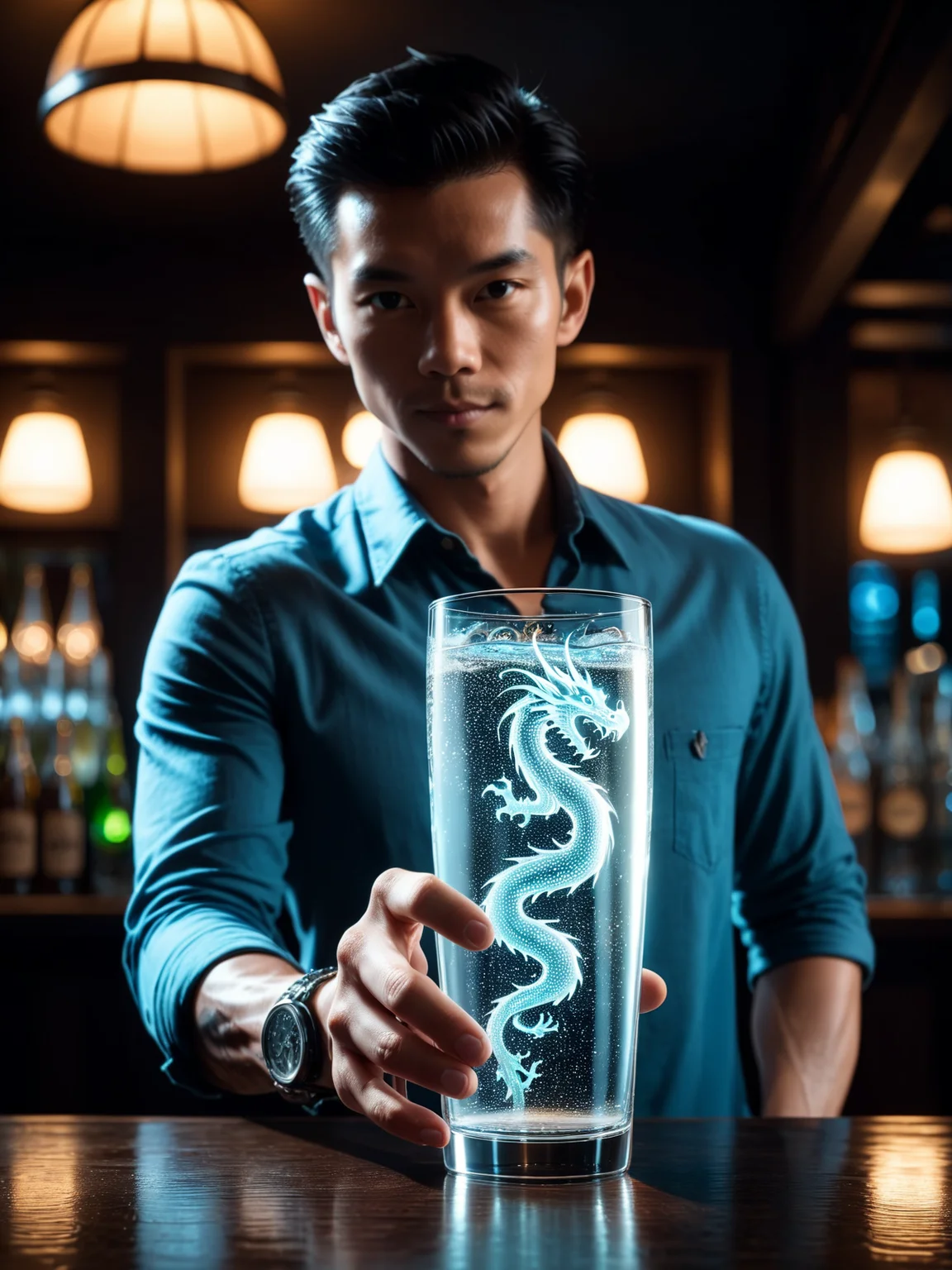 man standing in bar holding sparkling water glass, mad-spklgwtr dragon , mad-spklgwtr dragon <lora:Sparkling_Water_SDXL:0.7>, masterpiece, best quality, ultra high res, (photorealistic, realistic:1.2), deep shadow, raw photo, film grain, Fujifilm XT3, 8k uhd, dslr